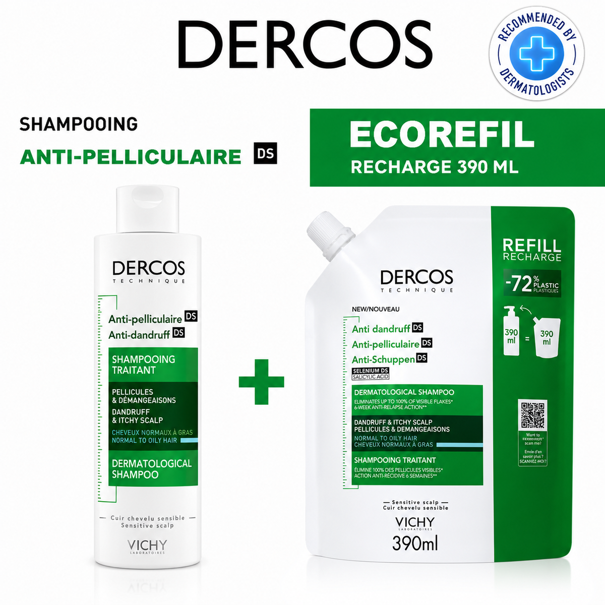 VICHY DERCOS PACK SHAMPOOING ANTIPELLICULAIRE CHEVEUX NORMAUX À GRAS