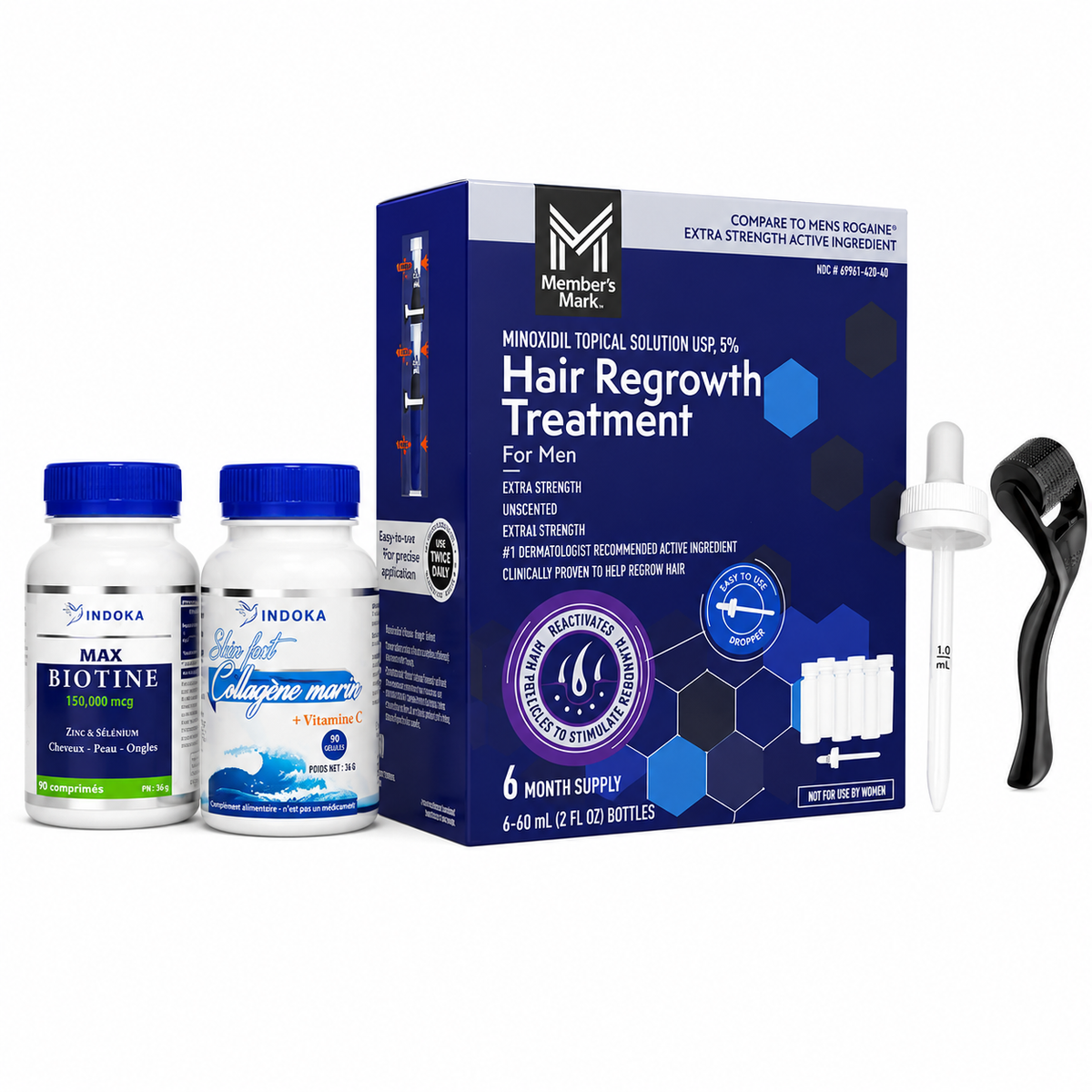 Pack Croissance des Cheveux Homme – Minoxidil 5%, Biotine, Collagène Marin et Dermaroller